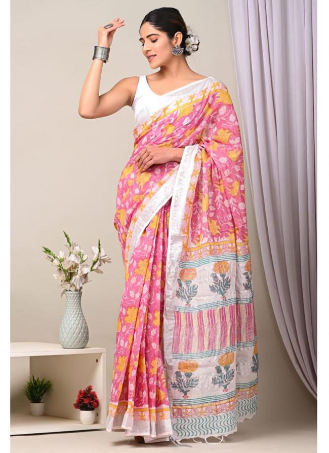 Cotton  Pink Daily Wear Printed Saree